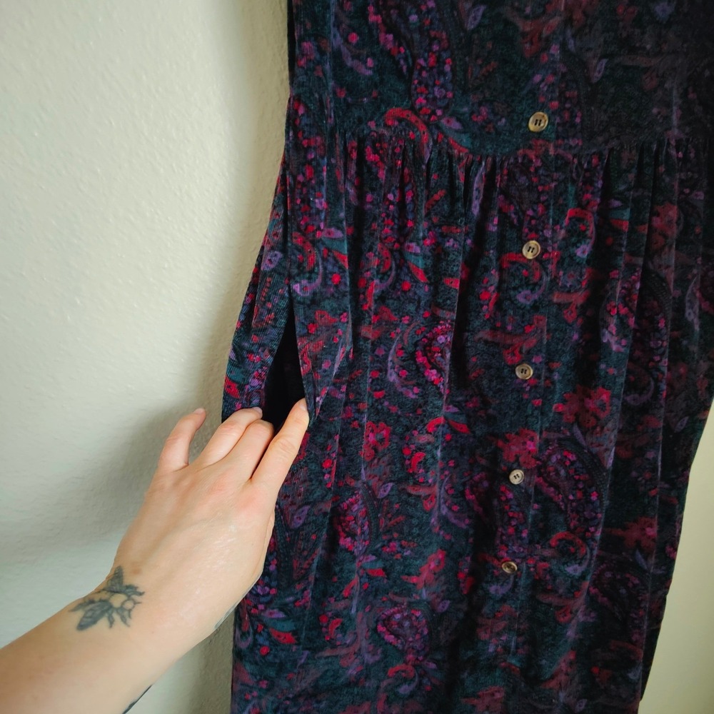 L.L. Bean Paisley Corduroy Pinafore Dress Cottagecore Button Front Vintage USA - Picture 5 of 9